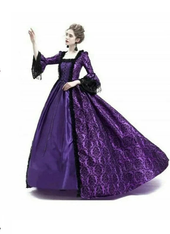 Robe à manches longues rétro victorienne gothique avec dentelle pour fêtes