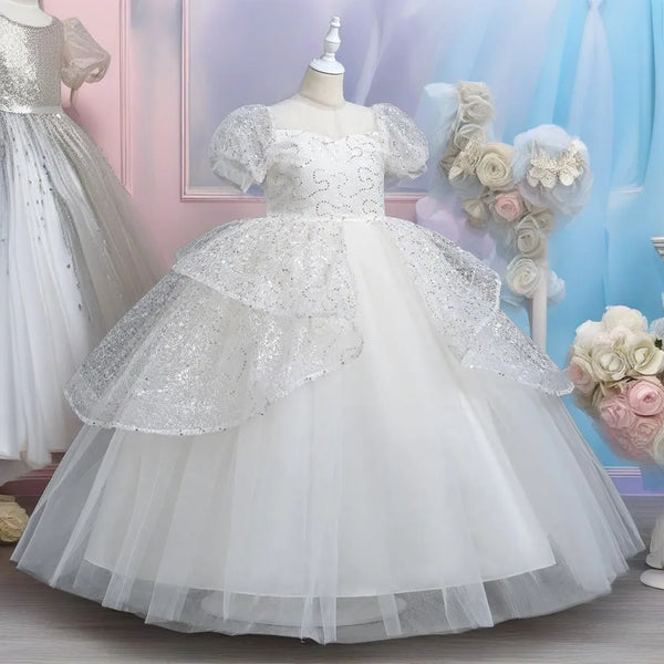 Robe de fille pour cérémonie en tulle avec paillettes et fleurs élégante