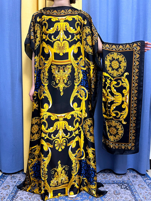 Robe musulmane avec turban, abaya en satin léger, mode estivale et florale