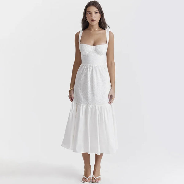 Robe d'été blanche et longue en lin pour soirée et sortie